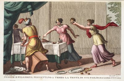 Procne, Philomela, and Tereus Driven Insane, Book VI, illustration from Ovid